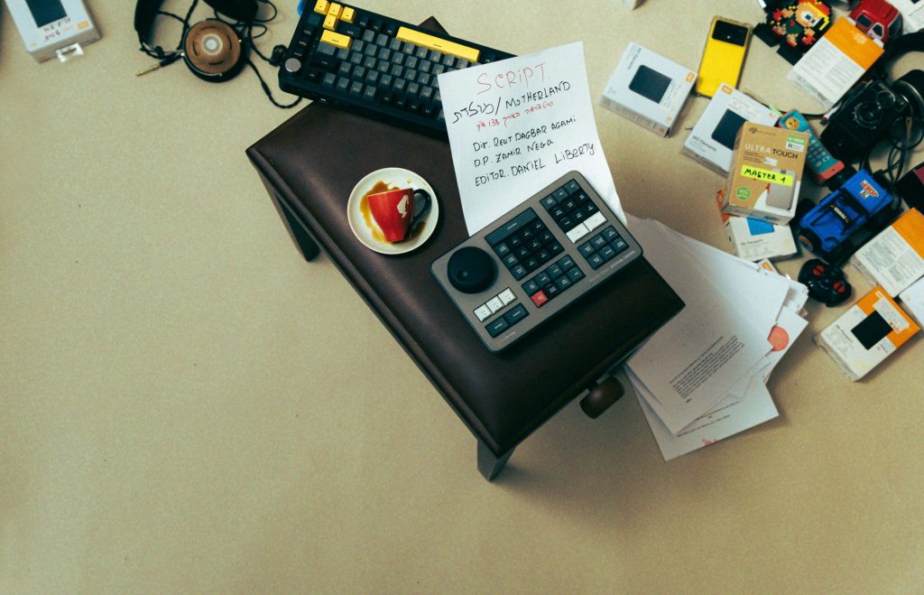 A table with a remote control and other items on it